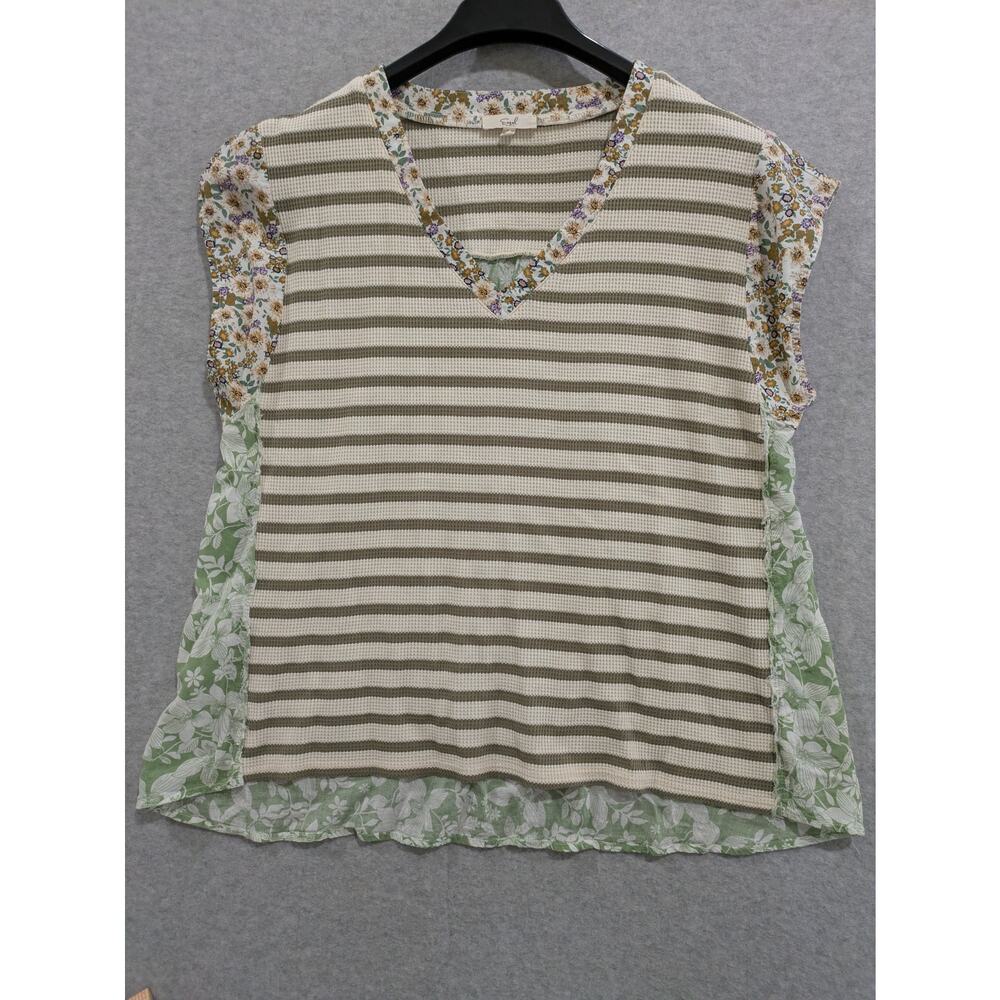 Easel Floral Top Women Large V-Neck Thermal Waffle Knit Flowy Striped Multicolor